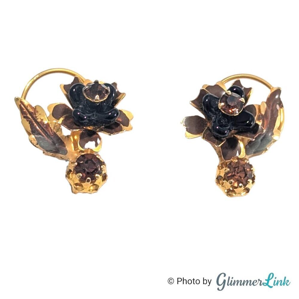 Vintage Austria Black Glass Flower & Topaz Rhinestone Gold Tone Clip On Earrings